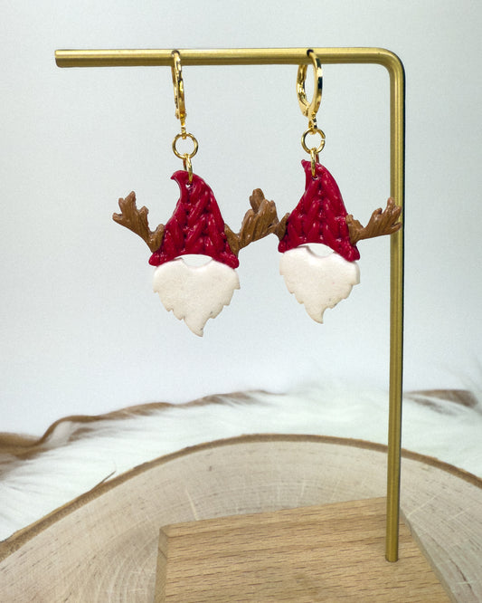 Christmas Gnome Earrings – Holiday Clay Jewelry with Antlers
