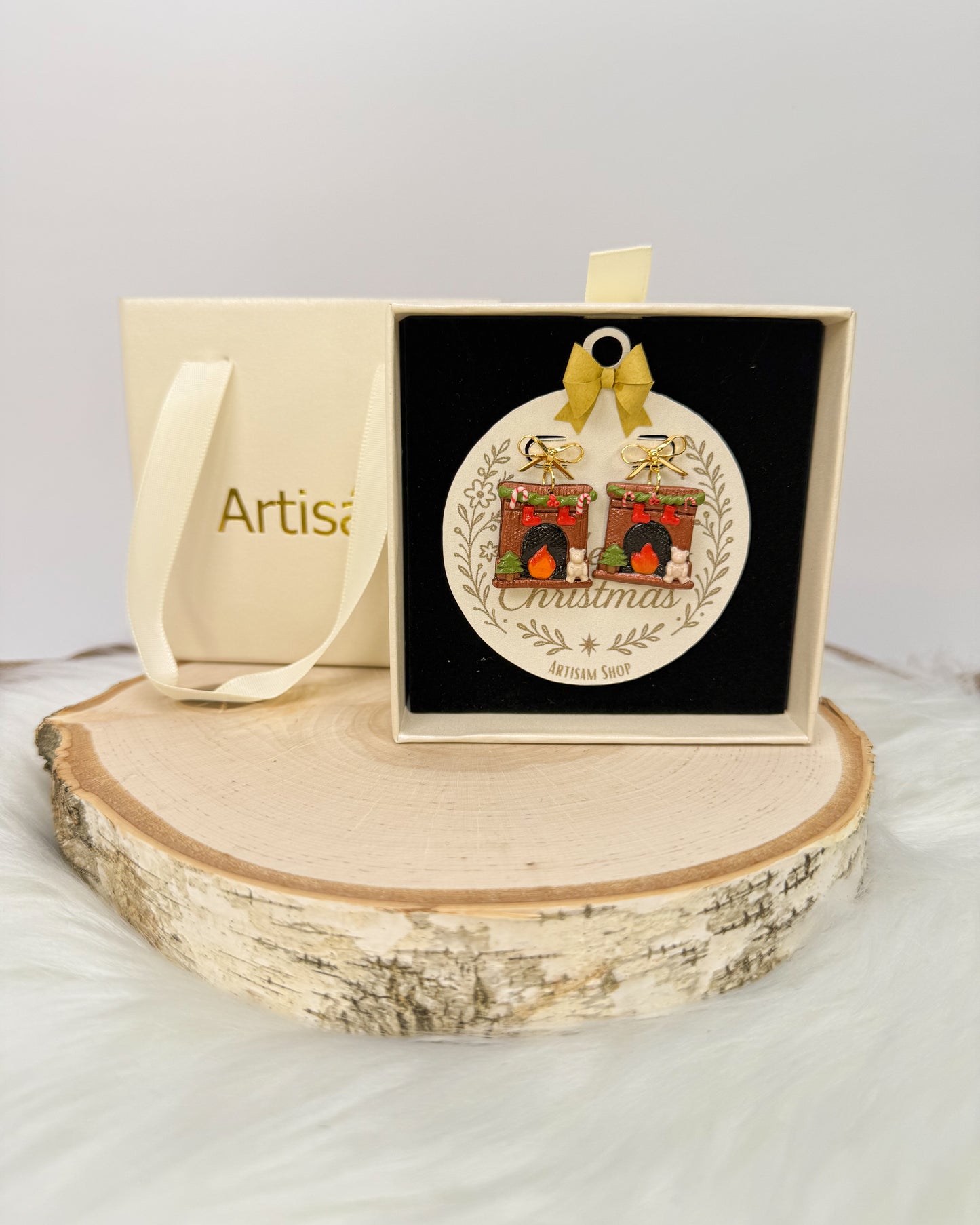 Christmas Fireplace Earrings – Handmade Holiday Clay Jewelry