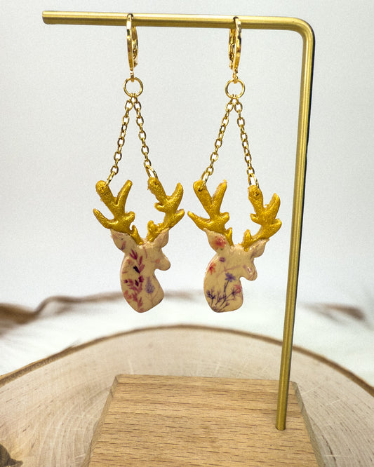 Floral Reindeer Earrings – Handmade Holiday Clay Jewelry