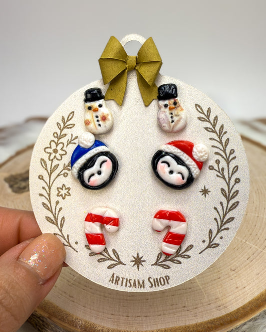 Juego de pendientes navideños de arcilla hechos a mano (3 pares)