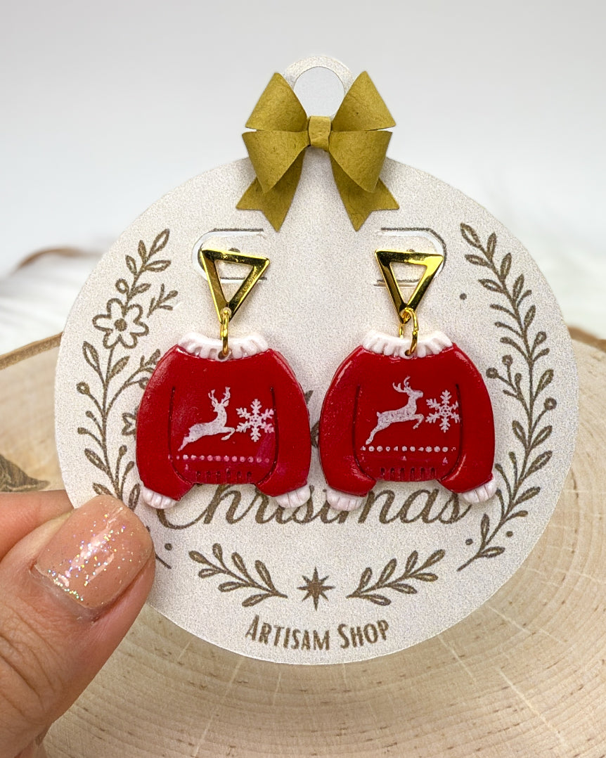 Pendientes navideños de reno rojo – Joyas de arcilla navideñas